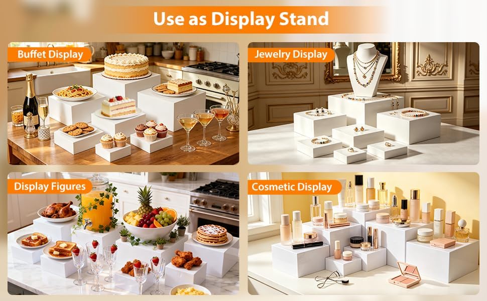 Nestable Buffet Risers - 8 Pcs White Acrylic Food Risers with Signs & Markers - Sturdy Dessert Table Display, alternate view