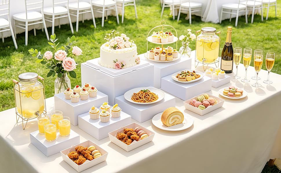 Nestable Buffet Risers - 8 Pcs White Acrylic Food Risers with Signs & Markers - Sturdy Dessert Table Display, alternate view
