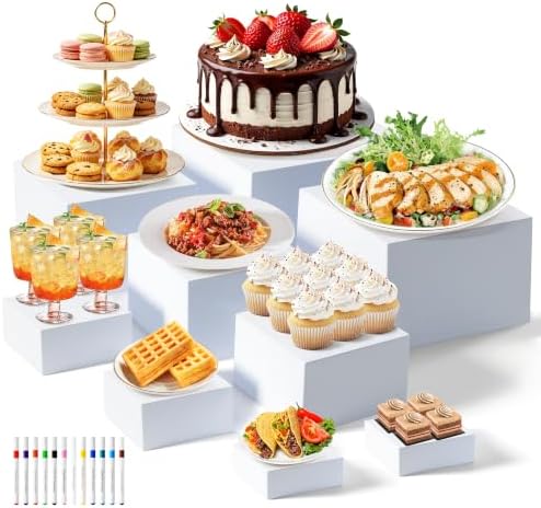 Nestable Buffet Risers - 9 Pcs White Acrylic Food Risers with Signs & Markers - Sturdy Dessert Table Display