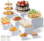 Nestable Buffet Risers - 9 Pcs White Acrylic Food Risers with Signs & Markers - Sturdy Dessert Table Display