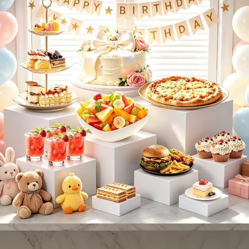 Nestable Buffet Risers - 9 Pcs White Acrylic Food Risers with Signs & Markers - Sturdy Dessert Table Display, alternate view