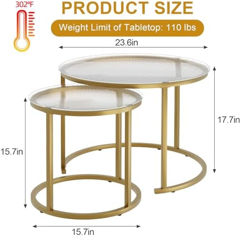 Nesting Coffee Table Set of 2, Small Round Glass Nesting Tables for Living Room Bedroom, Accent Tea Table with, alternate