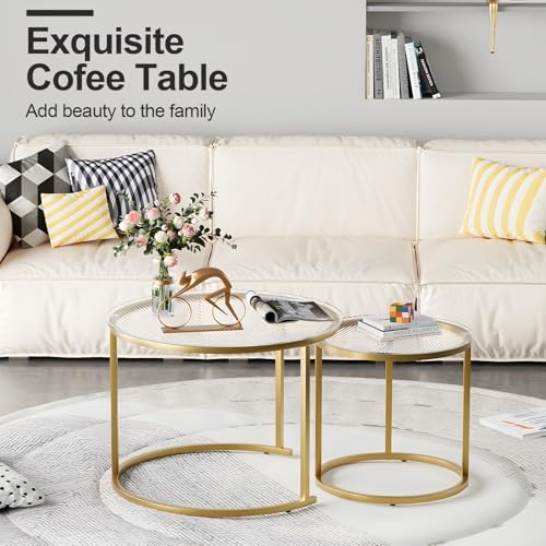 Nesting Coffee Table Set of 2, Small Round Glass Nesting Tables for Living Room Bedroom, Accent Tea Table with, alternate