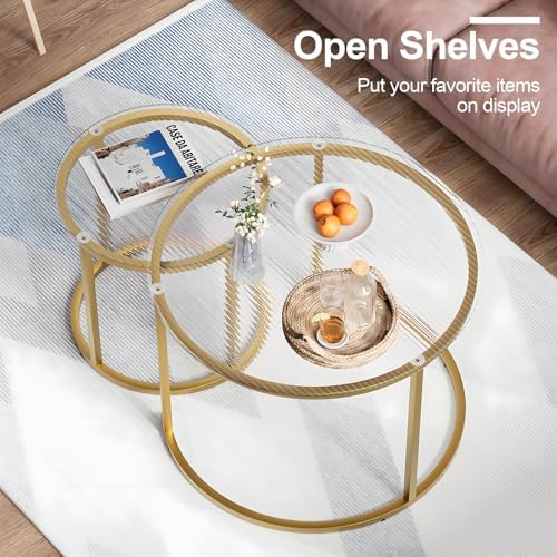 Nesting Coffee Table Set of 2, Small Round Glass Nesting Tables for Living Room Bedroom, Accent Tea Table with, alternate
