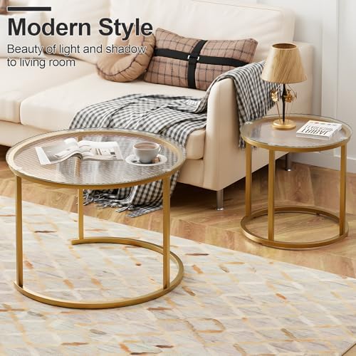 Nesting Coffee Table Set of 2, Small Round Glass Nesting Tables for Living Room Bedroom, Accent Tea Table with, alternate