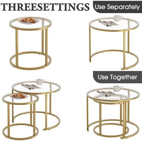 Nesting Coffee Table Set of 2, Small Round Glass Nesting Tables for Living Room Bedroom, Accent Tea Table with, alternate