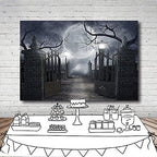 Night Full Moon Backdrop Gloomy Woods Graveyard Photography Background Horrible Cemetery Spooky Party Banner, alternate view