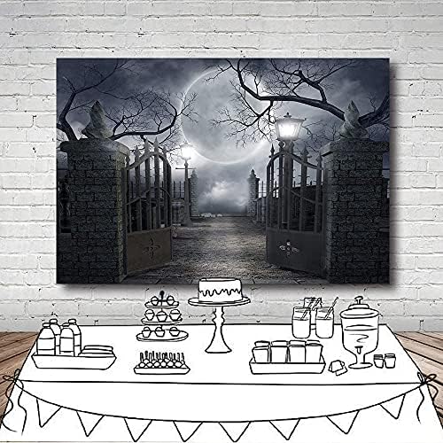 Night Full Moon Backdrop Gloomy Woods Graveyard Photography Background Horrible Cemetery Spooky Party Banner, alternate view