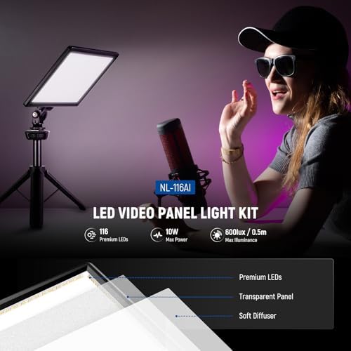 NL-116AI 9" LED Video Light Panel, Camera Lighting with Desk Tripod, alternate view 2