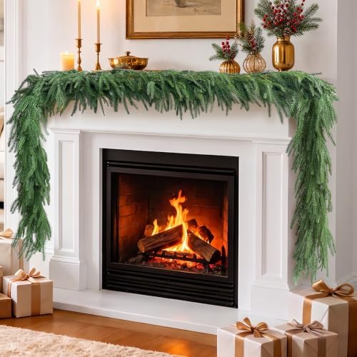 Norfolk Pine Garland 9.01FT - Real Touch Faux Greenery, Unlit Artificial Pine Garland for Mantel Fireplace