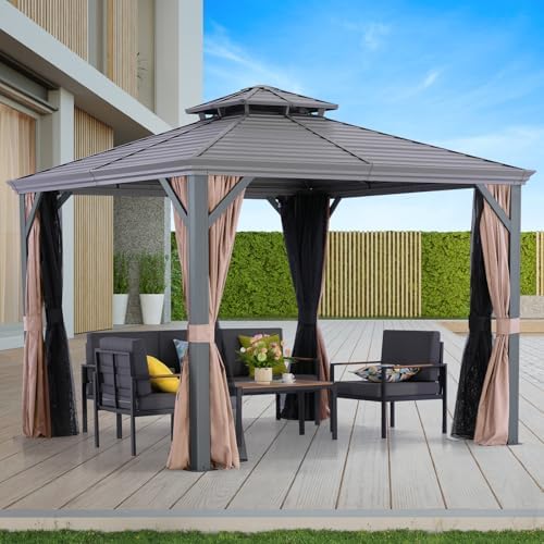 Nova 10' X 10' Hardtop Gazebo with Double Roof, Breathable Netting & Privacy Curtain Include, Heavy Duty