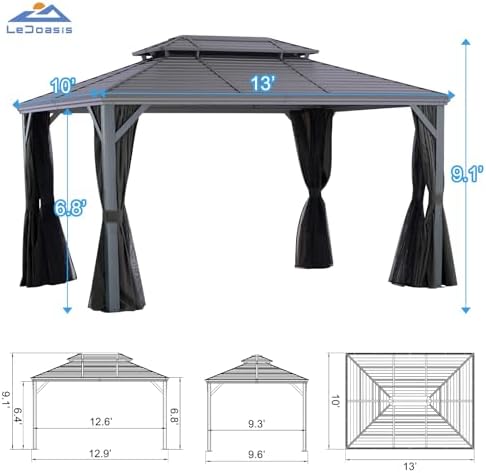 Nova 10' X 13' Hardtop Gazebo, Aluminum Frame Canopy, Double Galvanized Steel Outdoor Gazebo with Netting and, alternate view