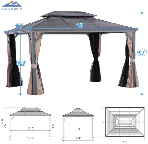 Nova 10' X 13' Outdoor Hardtop Gazebo Double Galvanized Steel Gazebo Aluminum Frame Canopy with Netting and, alternate view 2