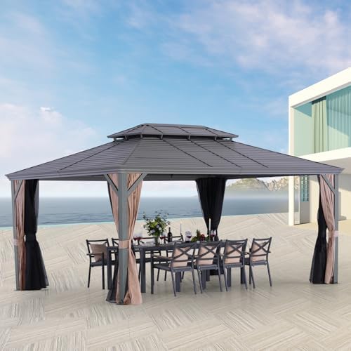 Nova 12' X 16' Permanent Hardtop Gazebo, Aluminum Metal Canopy with Galvanized Steel Double Roof, for Patio Lawn