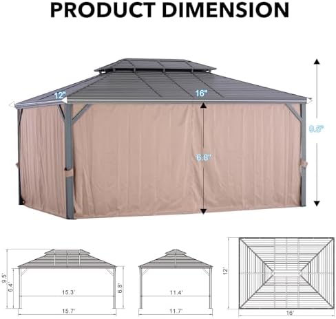 Nova 12' X 16' Permanent Hardtop Gazebo, Aluminum Metal Canopy with Galvanized Steel Double Roof, for Patio Lawn, alternate