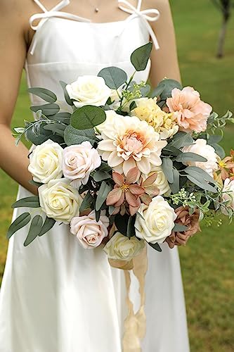 Nude Color Artificial Flowers Set - Fake Roses, Peonies, Dahlia, Silk Flowers with Stems for DIY Wedding, alternate view 3
