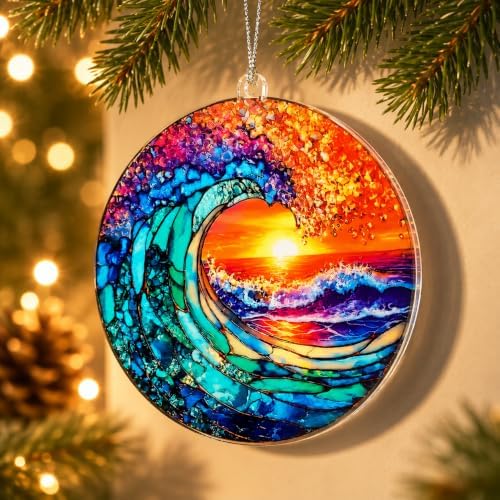 Ocean Wave Ornament for Christmas Tree, Sunset Acrylic Artwork with Coastal Style, Beach Christmas Ornaments, alternate view