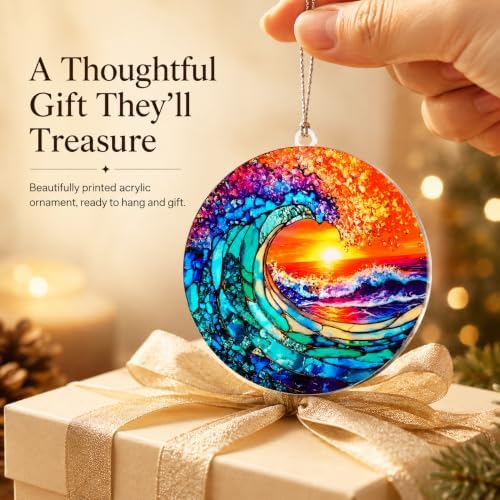Ocean Wave Ornament for Christmas Tree, Sunset Acrylic Artwork with Coastal Style, Beach Christmas Ornaments, alternate view