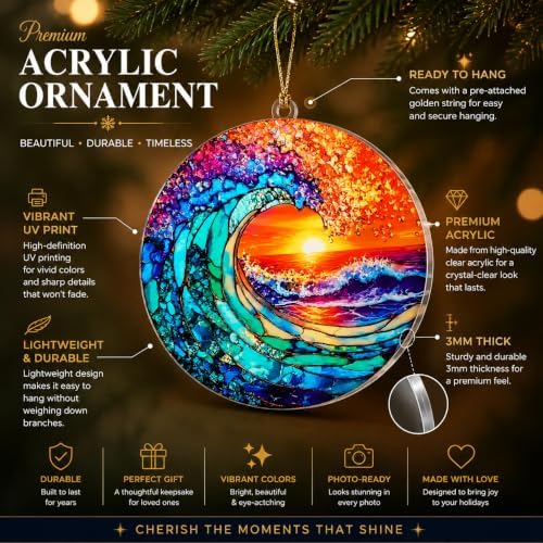 Ocean Wave Ornament for Christmas Tree, Sunset Acrylic Artwork with Coastal Style, Beach Christmas Ornaments, alternate view