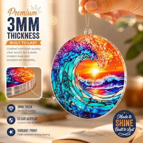 Ocean Wave Ornament for Christmas Tree, Sunset Acrylic Artwork with Coastal Style, Beach Christmas Ornaments, alternate view