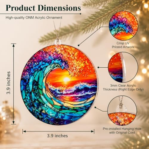 Ocean Wave Ornament for Christmas Tree, Sunset Acrylic Artwork with Coastal Style, Beach Christmas Ornaments, alternate view