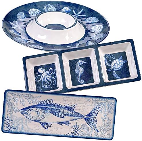Oceanic 3-Piece Melamine Hostess Set - Includes Chip & Dip Server, 3-Section Relish Tray, and Rectangular Fish