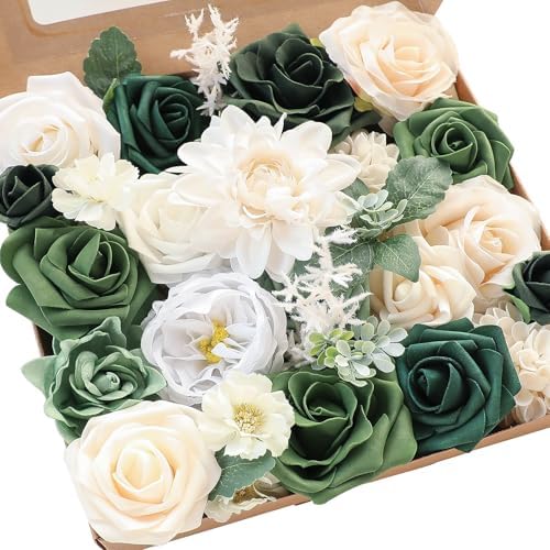 Olive Green Artificial Flowers Forest Green Fake Roses Peonies Dahlia Greenery Combo Box Set for DIY Wedding