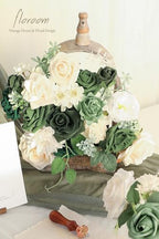 Olive Green Artificial Flowers Forest Green Fake Roses Peonies Dahlia Greenery Combo Box Set for DIY Wedding, alternate view