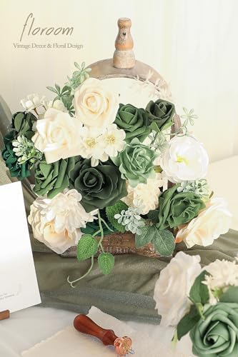 Olive Green Artificial Flowers Forest Green Fake Roses Peonies Dahlia Greenery Combo Box Set for DIY Wedding, alternate view
