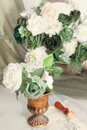 Olive Green Artificial Flowers Forest Green Fake Roses Peonies Dahlia Greenery Combo Box Set for DIY Wedding, alternate view