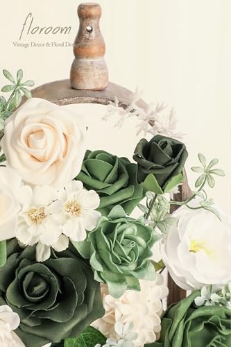 Olive Green Artificial Flowers Forest Green Fake Roses Peonies Dahlia Greenery Combo Box Set for DIY Wedding, alternate view