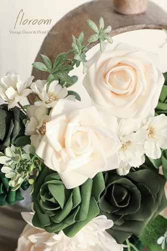 Olive Green Artificial Flowers Forest Green Fake Roses Peonies Dahlia Greenery Combo Box Set for DIY Wedding, alternate view
