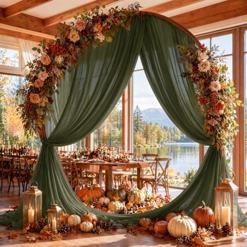 Olive Green Wedding Arch Draping Fabric Sheer Curtain Drapes 4 Panels | 20ft Extra Long Shimmery Backdrop, alternate view 2