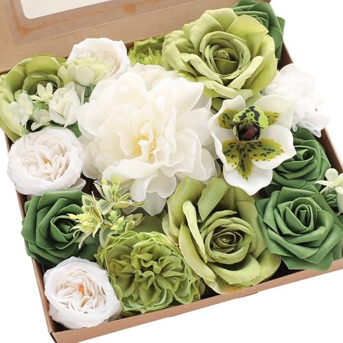 Olive Green White Artificial Flowers Fake Roses Peonies and Greenery Combo Box Set for DIY Wedding Bouquets