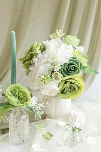 Olive Green White Artificial Flowers Fake Roses Peonies and Greenery Combo Box Set for DIY Wedding Bouquets, alternate view 2