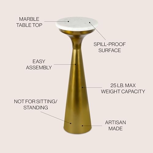 Oliver 8" Round Marble Pedestal Drink Table, Gold/White, alternate view 4