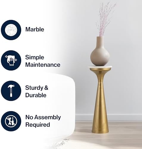 Oliver 8" Round Marble Pedestal Drink Table, Gold/White, alternate view 5