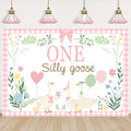 One Silly Goose Backdrop, Pink 1st Birthday Party Decoration for Kids One Silly Goose Banner Duck Farm Animal
