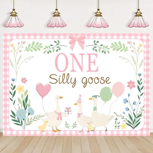 One Silly Goose Backdrop, Pink 1st Birthday Party Decoration for Kids One Silly Goose Banner Duck Farm Animal