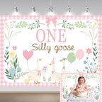 One Silly Goose Backdrop, Pink 1st Birthday Party Decoration for Kids One Silly Goose Banner Duck Farm Animal, alternate view