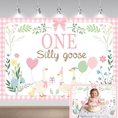 One Silly Goose Backdrop, Pink 1st Birthday Party Decoration for Kids One Silly Goose Banner Duck Farm Animal, alternate view