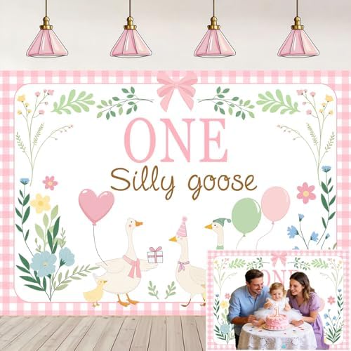 One Silly Goose Backdrop, Pink 1st Birthday Party Decoration for Kids One Silly Goose Banner Duck Farm Animal, alternate view