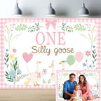 One Silly Goose Backdrop, Pink 1st Birthday Party Decoration for Kids One Silly Goose Banner Duck Farm Animal, alternate view