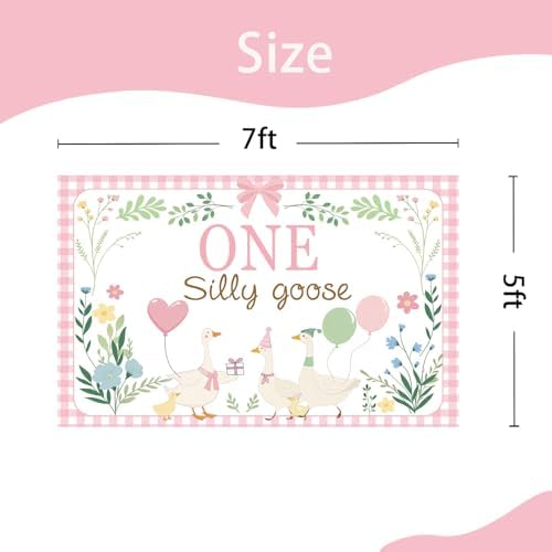One Silly Goose Backdrop, Pink 1st Birthday Party Decoration for Kids One Silly Goose Banner Duck Farm Animal, alternate view