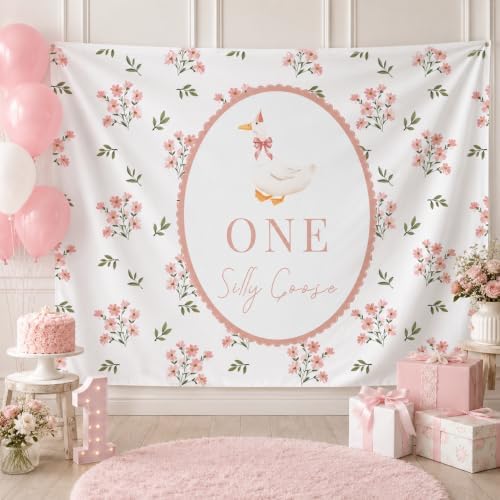 One Silly Goose Backdrop, Pink 1st Birthday Party Decoration One Silly Goose Banner Farm Animal First 1 Year Old