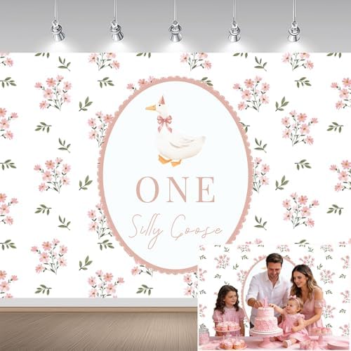One Silly Goose Backdrop, Pink 1st Birthday Party Decoration One Silly Goose Banner Farm Animal First 1 Year Old, alternate