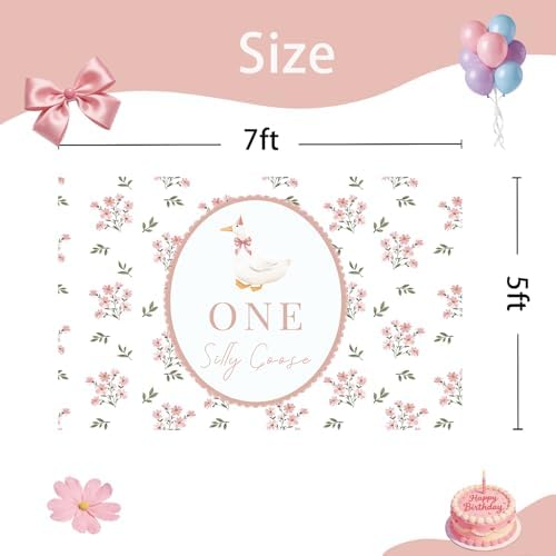 One Silly Goose Backdrop, Pink 1st Birthday Party Decoration One Silly Goose Banner Farm Animal First 1 Year Old, alternate