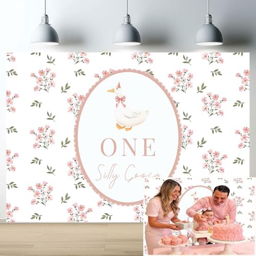 One Silly Goose Backdrop, Pink 1st Birthday Party Decoration One Silly Goose Banner Farm Animal First 1 Year Old, alternate