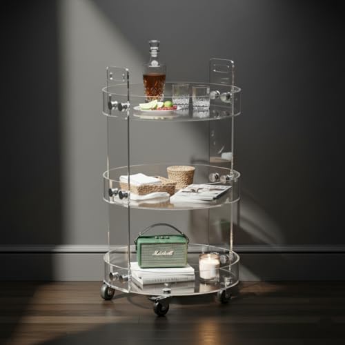 ONELUX Round Acylic Serving Cart for Home, Acylic Side Table on Wheels, Rolling Beverage Storage Shelf for