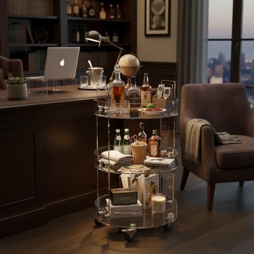 ONELUX Round Acylic Serving Cart for Home, Acylic Side Table on Wheels, Rolling Beverage Storage Shelf for, alternate view 2
